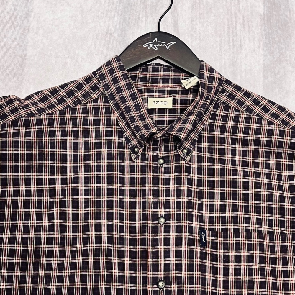 IZOD Button Down Shirt Mens XL Navy Blue Burgundy Plaid Excellent Long Sleeve